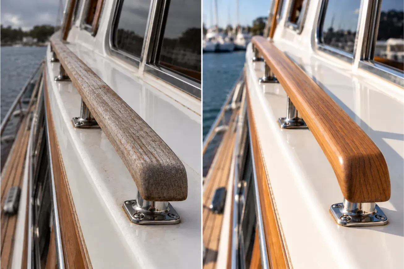 Vervanging van teakhouten reling voor en na - Maritime Wood Products