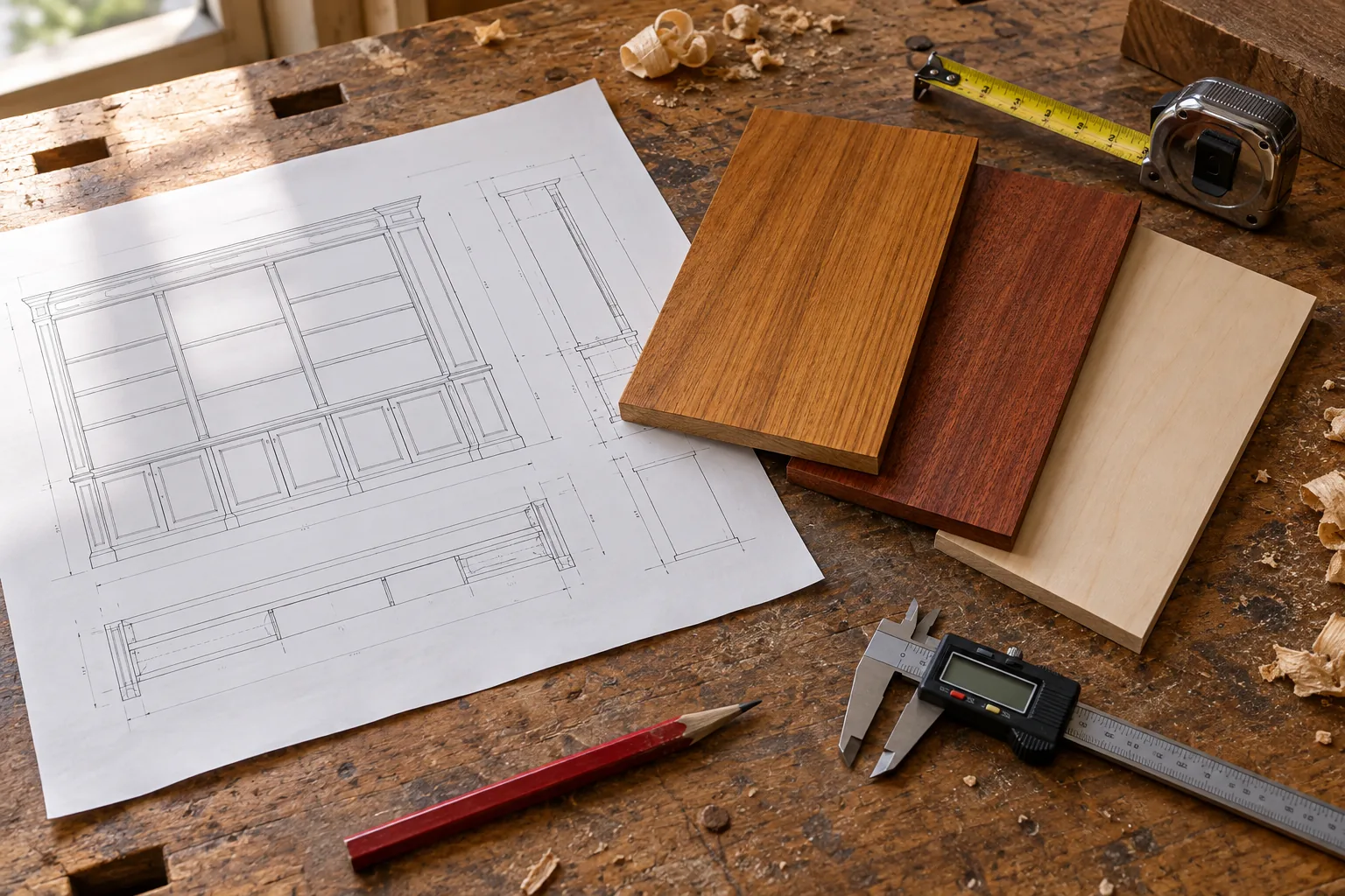 Dessin de menuiserie et échantillons de teck - Maritime Wood Products
